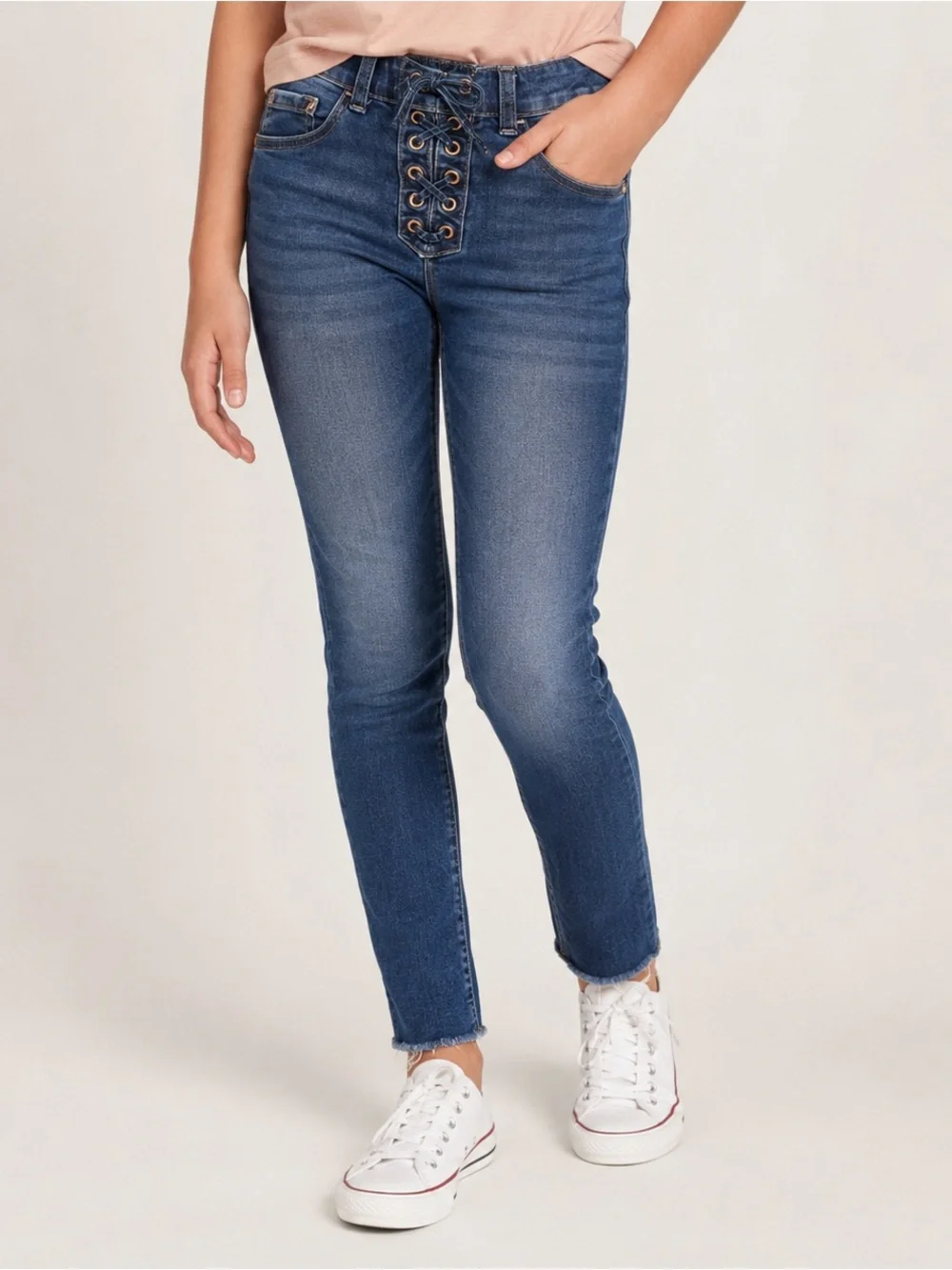Justice Girls Size 14 Lace Up High Rise Skinny Jeans Raw Hem Stretch Denim